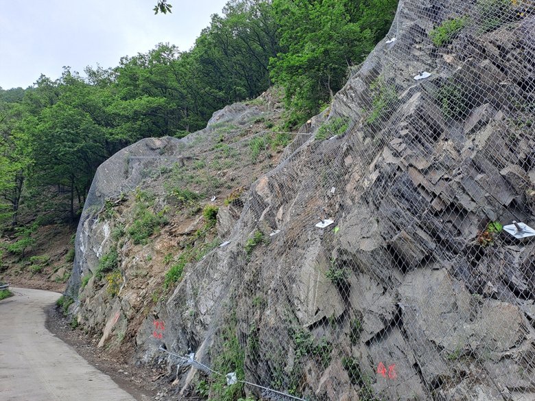 Sicherungsnetz über der Felswand an der Schilsbachstraße 
